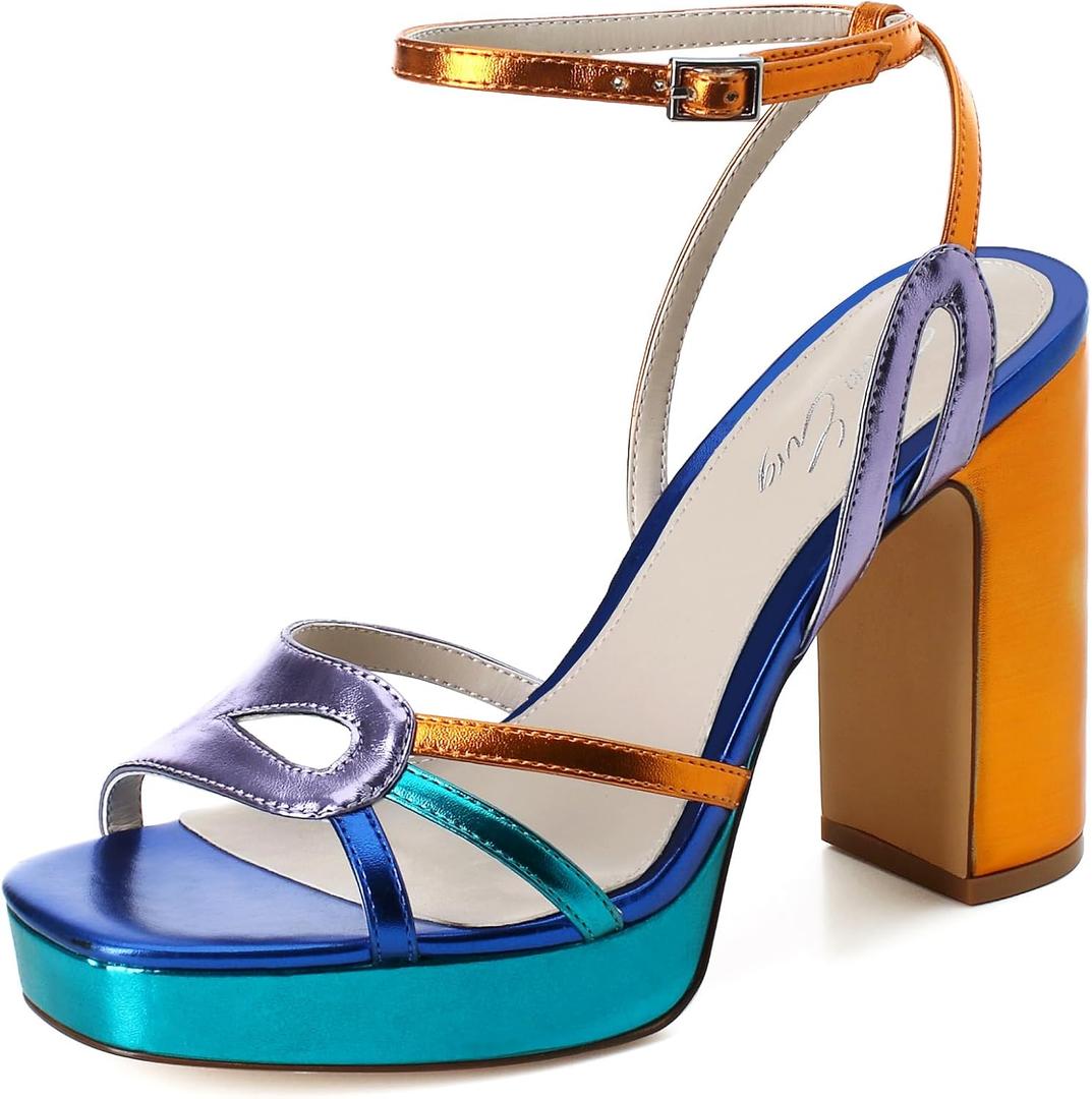 sun gurg Strappy Platform Heels for Women Square Open Toe Chunky High Heels Multicolored Ankle Strap Block Heeled Sandals for Prom Wedding Date Night (7.5, Orange/Navy/Blue)
