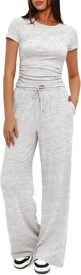 Darong Women's 2 Piece Summer Outfits Lounge Sets Side Ruched Short Sleeve Crop Top & Wide Leg Pants Matching Tracksuit, L