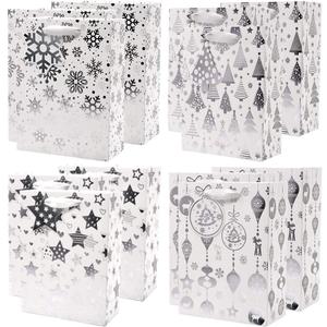 UNIQOOO 12Pcs Metallic Silver Christmas Gift Bags Bulk, M 9.25 x 7 Inch, Xmas Gift Wrap Bags Assorted, w/Snowflake, Bells Stars Ornaments, For Holidays Thanksgiving New Year Party Favor Packaging Bag