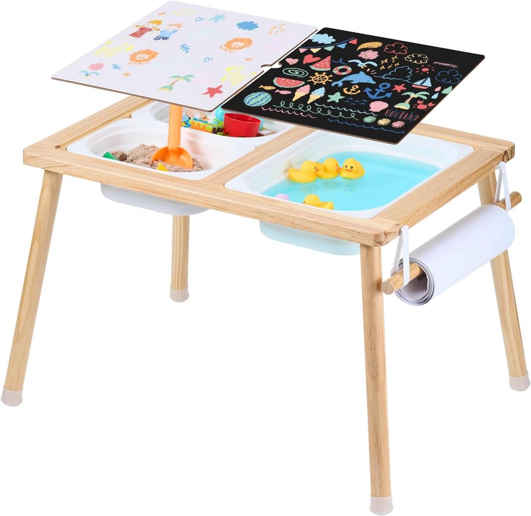 VEVOR Sensory Table, Kids Sensory Table for Toddlers, Kids Activity Desk with 3 Foldable Storage Bins & Paper Roll Holder, Wooden Toddler Activity Drawing Desk, Indoor/Outdoor Play Sand and Water