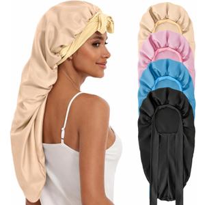 DEMAZALO Silk Long Bonnet for Braids & Curly Hair, Silk Satin Bonnet for Sleeping, Extra Large Bonnets for Women Braid