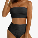 High Waisted Bandeau Bikini Set - Women Strapless Two Piece Swimsuits Ribbed Longline Full Coverage Bathing Suits Swimwear, Large
