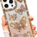 Girly Designed for iPhone 16 Pro Bling Case 6.3",Cute electroplated 3D Butterfly Glitter Rhinestones Slim Case Luxury Shockproof Protective Cover for Women Girls(Gold)