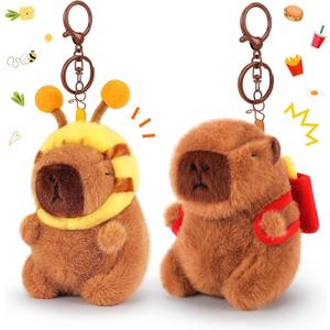 Achwishap 2PCS Capybara Plush Keychain,Cute Keychain Capybara Stuffed Animal,Soft Capybara Plush Toys Key Chain,Kawaii Plushie Stuffed Toys for Kids Adults Birthday(French Fries Backpack,Bee Hat)
