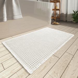 AMOAMI Upgraded Waffle Bath Mat, Super Absorbent Non Slip Bath Mats for Bathroom Floor, Machine Washable Bathroom Rugs with Tassels, Rubber Backed Bathroom Mats, Ultra Soft, 17" x 24", White