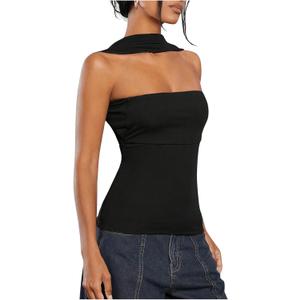 Women's Open Back Halter Neck Tee Ruched Sleeveless Elegant Casual Summer T Shirt (X-Large, Black)
