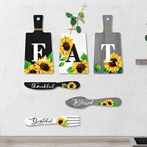 Bucherry Set of 6 Sunflower Kitchen Decor Sets Eat Signs Fork and Spoon Wooden Wall Hanging Plaques Farmhouse Sunflower Kitchen Decor and Accessories