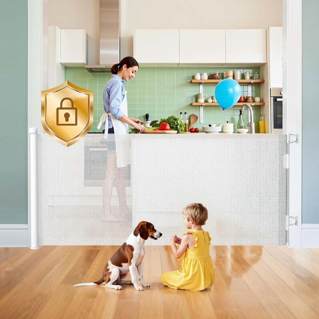 Hardware Mount Retractable Baby Gates for Stairs with Auto-Lock,33" Tall,Extends up to 71" Wide Mesh Double Lock Safety Baby Dog Pet Cat Gate for Doorways,Child Gate for Hallways Kitchen Indoor White