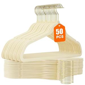 Uinicor 50 Pack Beige Velvet Hangers,Non Slip,Heavy-Duty,Slim,Space Saving,with Felt Surface and Gold 360°Swivel Hook,for Pants,Outfit,Skirts,Suits,Coats,Dresses ect.