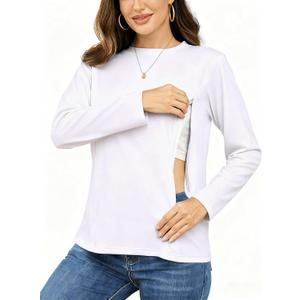Ecavus Womens Zip Maternity Nursing Tops for Breastfeeding Long Sleeves Casual Nursing Shirts Pregnancy Mama Clothes (Large, White)