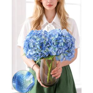 Nubry 2Pcs Blue Hydrangea Artificial Flowers, 22.5In Latex Faux Real Touch Large Hydrangea Flowers with Long Stems & Leaves for Home Office Decor Wedding Party Arrangements(Blue)