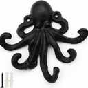 Octopus Cast Iron Wall Hook  Nautical Decorative Key Holder, Coastal Ocean Theme Wall Hanger for Entryway, Bathroom, or Bedroom, Heavy Duty Black Metal Hook