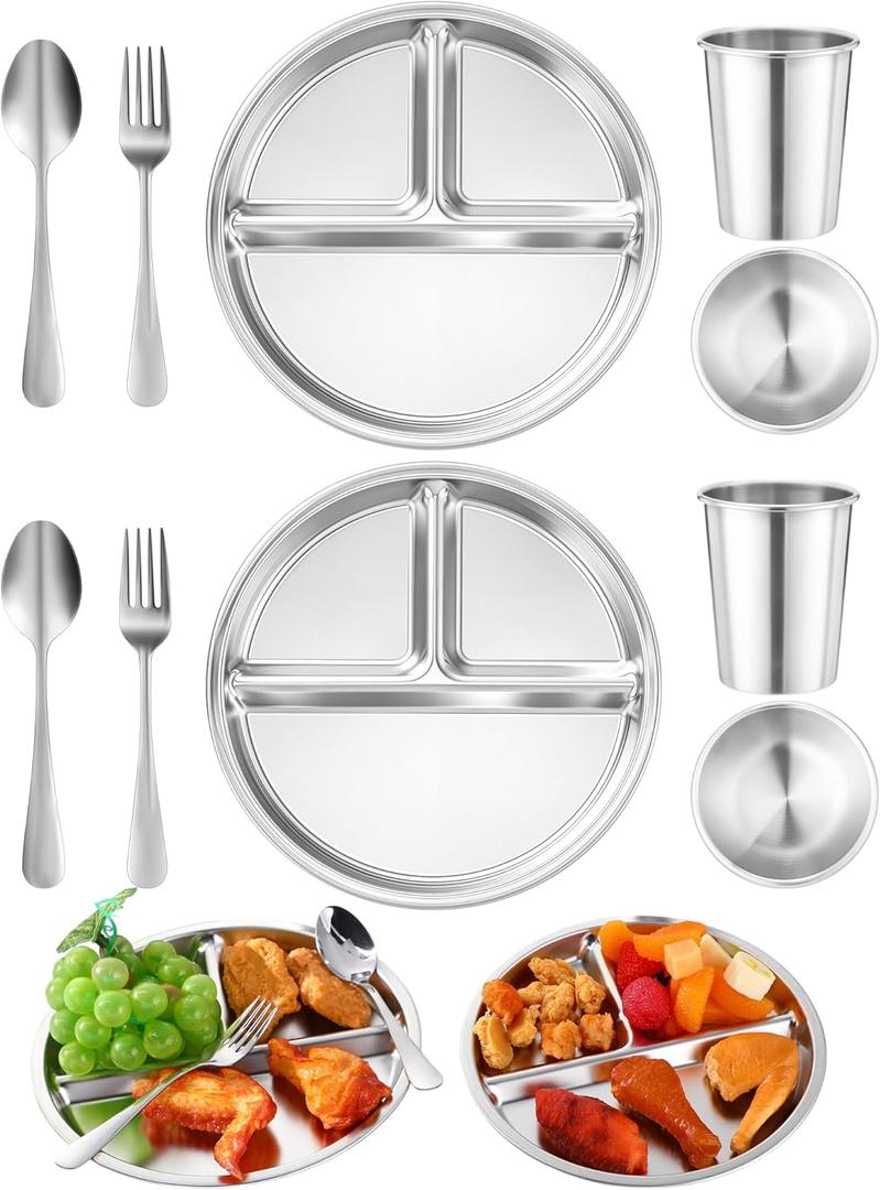 Jinei 10 Pcs Stainless Steel Dishes Set 2 Stainless Steel Plates, 2 Bowls, 2 Cups, 2 Spoons, 2 Forks, Dishwasher Safe, Durable Dining Set for Home Travel Camping (Tableware)