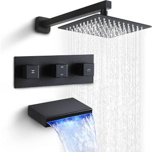 SKOWLL 3 Handle Tub Shower Faucet, Bathroom Shower Faucet Set with 10 Inch Shower Head Wall Mount Waterfall Spout with Light, LED Waterfall Bath Tub Trim Kit, Matte Black