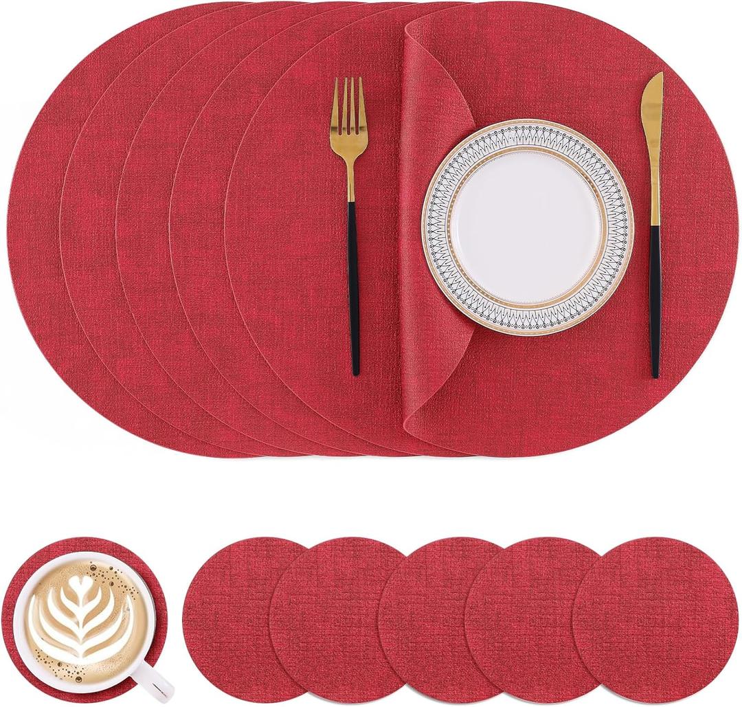 Homaxy Round Faux Leather Placemats and Coasters, Washable Dual-Side Table Mats, Wipeable Heat-Resistant Dining Place Mats for Outdoor and Indoor, Set of 6, Diameter 13 and 3.93 inch, Red