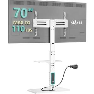 WALI Floor TV Stand with Power Outlet & AV Shelf, Tall TV Stand Mount for 32-70 inch TV up to 110 lbs, Swivel and Height Adjustable TV Stands with Wood Base for Bedroom, Office(TVDVD-6PW), White