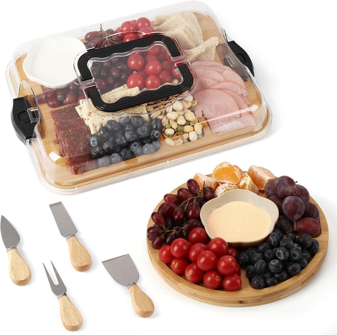 Charcuterie Board Set with Clear Locking Lid & Compartments, Portable Bamboo Serving Tray for Travel, Picnics & Parties Ideal Serving Platter & Gift for Home