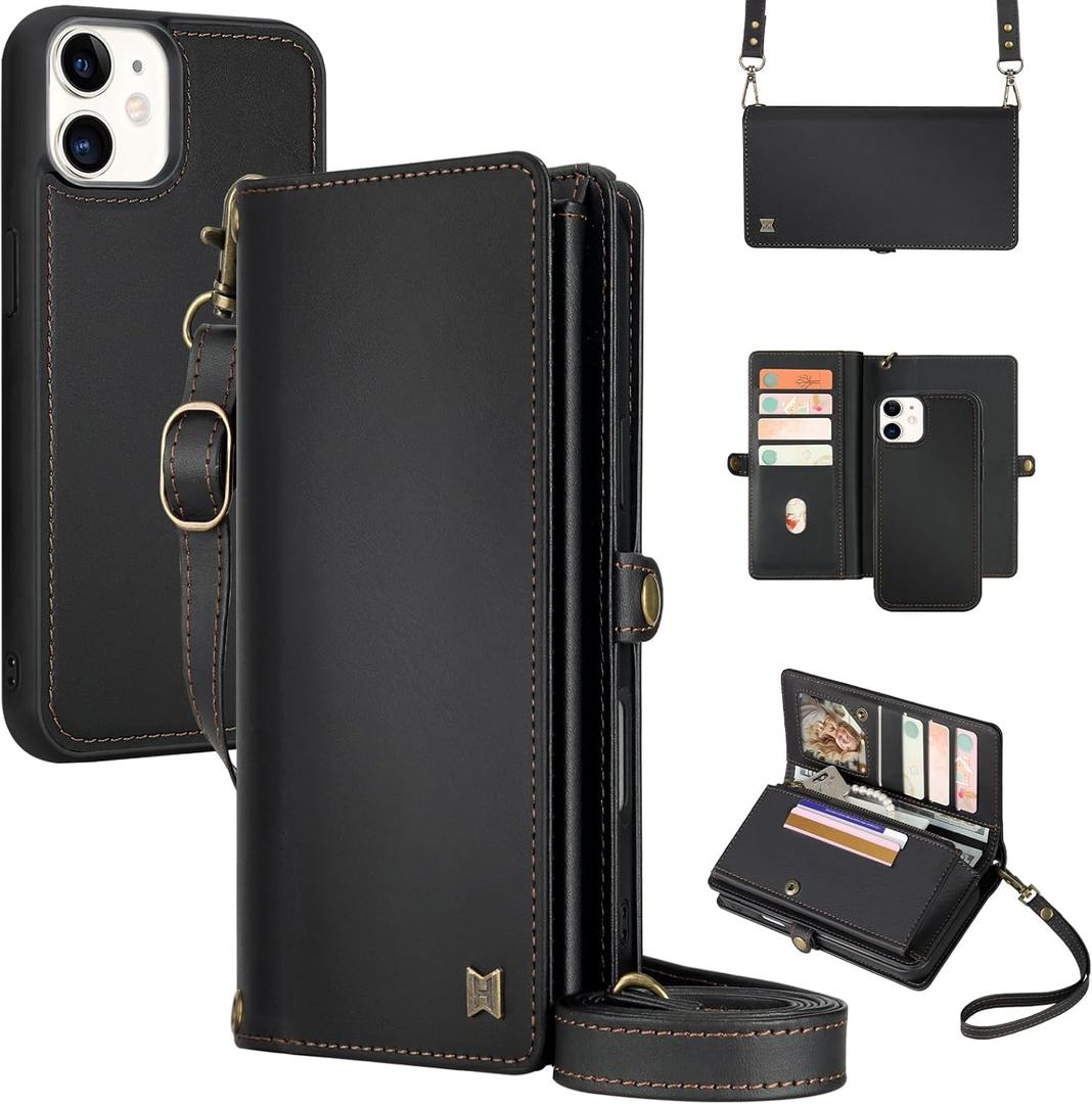 for Wallet Case Compatible with iPhone 11,Multi-Function Detachable 2 in 1 Magnetic iPhone 11 Case Wallet,Flip Strap Zipper Card Holder Phone Case with Shoulder Straps (Black)