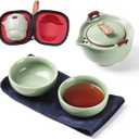 Travel Ceramic Tea Pot Set, Chinese Kung Fu Teapot 1 Pot 2 Mini Cup Porcelain Gongfu Teacups with Infuser Portable Bag All in One for Picnic Outdoor Camping Hotel (Green)