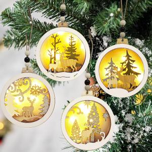 JOIEDOMI 4 Pcs LED Wooden Christmas Ornaments - Hanging Reindeer for Indoor/Outdoor Holidays, Party Decoration, Tree, Events, and Christmas