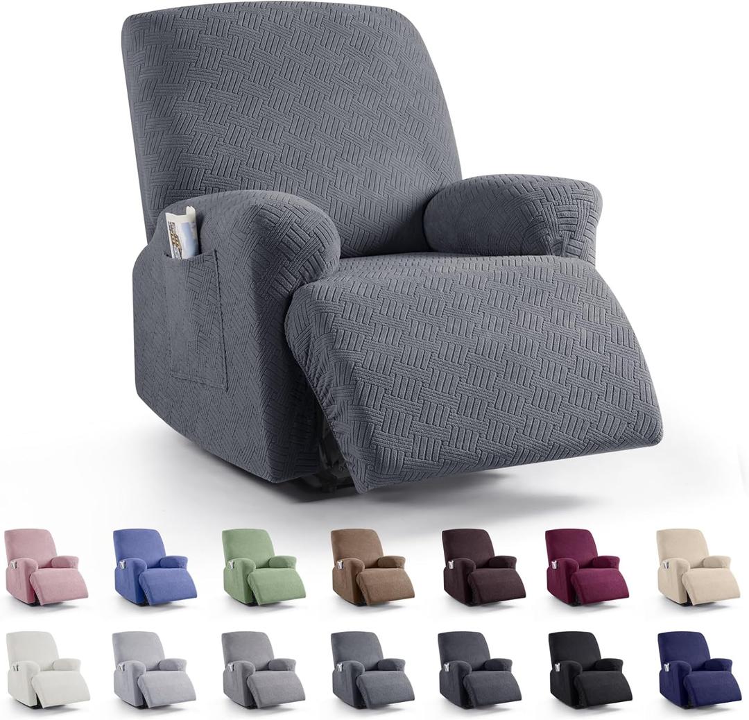 KinCam Recliner Chair Covers, Stretch Reclining Cover, Recliner Sofa Slipcovers Stripe Jacquard Recliner Couch Covers Furniture Protector Covers for Pet Kid (1 Seater, Dark Gray)