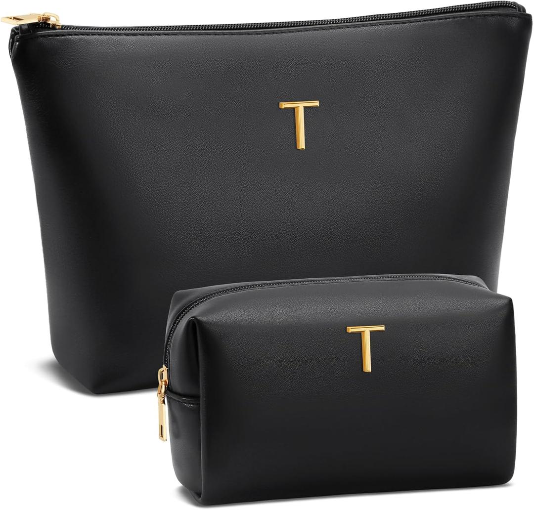Mom Gifts| Initial Makeup Bag Set for Women Girls Personalized Gifts for Bridesmaid Teachers Graduation Friend Female PU Leather Cosmetic Travel Toiletry Bag(Black,T)