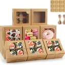 OAMCEG 50 PCS Cupcake Boxes with Window, 6x6x3 Inch Cookie Boxes, Bakery Treat Boxes for Pastry, Dessert, Chocolate Strawberries, Cupcake Containers, Gift Giving with Stickers & Twine （Brown）
