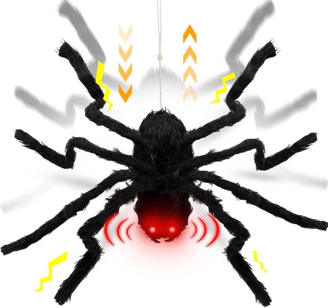 [Up and Down Automatically & Sound Activated ] 24'' Halloween Giant Spider with Red LED Eyes Scary Sound Halloween Animatronics Decorations for Indoor Outdoor Yard Haunted House Party Porch