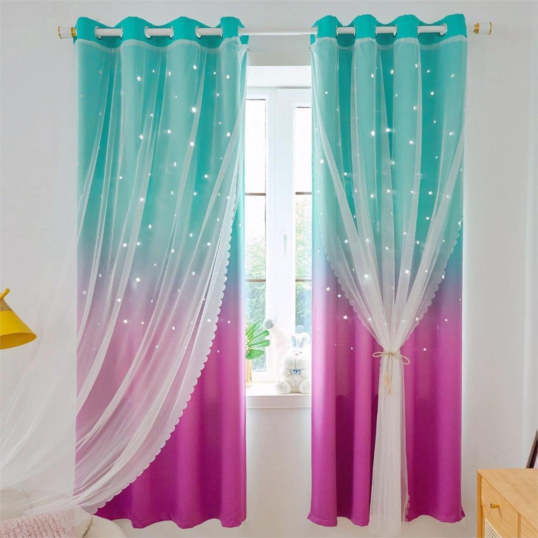 Anjee Ombre Star Cutout Blackout Curtains for Girls Bedroom Kids Nursery Princess Living Room Decor,Cute Double Layer Teal Purple Gradient Window Darpes with Sheer Overlay, 52 x 84 inch Long 2 Panels