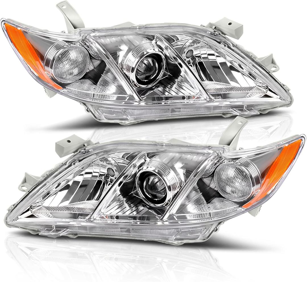 AUTOSAVER88 Projector Headlight Assembly Compatible with 2007-2009 Toyota Camry (Exclude Hybrid) Replacement Halogen Headlamps Left and Right Chrome Housing Amber Reflector Clear Lens (W/O Bulbs)