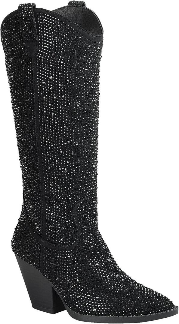 ABSOLEX Women Western Cowgirl Cowboy Pointed Toe Rhinestone Knee High Boots (9, Black)