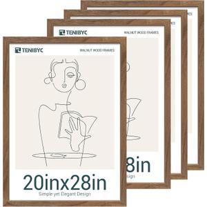 20x28 Picture Frame 4 Pack, Brown Walnut Wood Poster Frame, Horizontal and Vertical Display, Wall Hanging