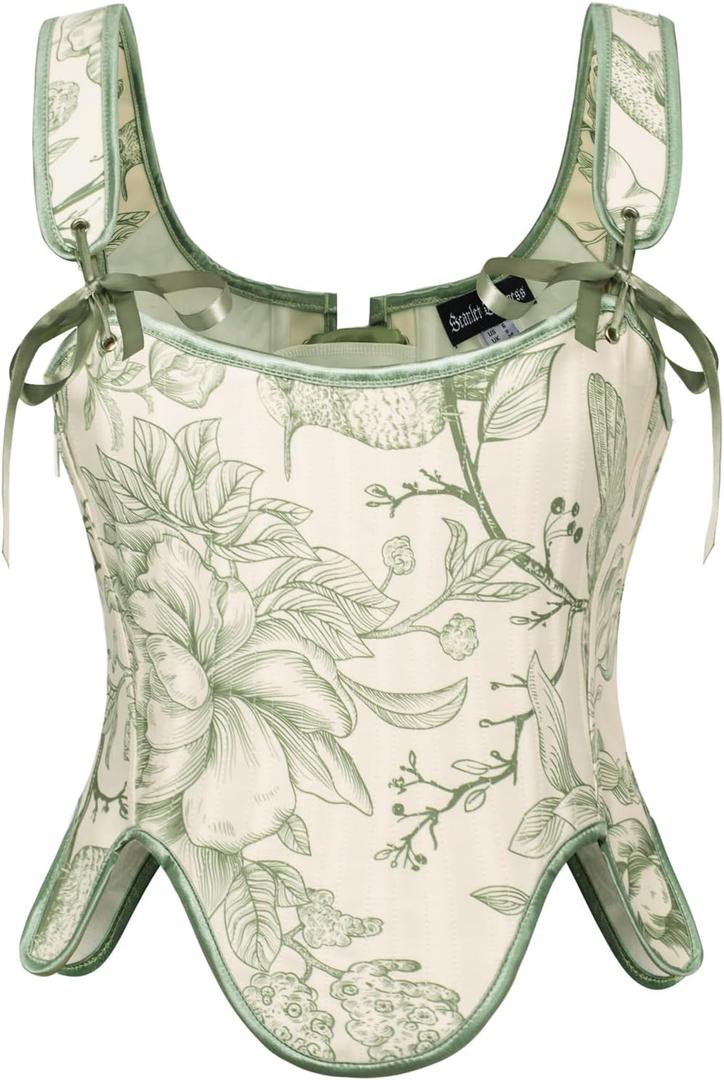 Scarlet Darkness Bustier Tops for Women Renaissance Floral Lace Up Bodyshaper Corset with Zipper (8, Green Floral)