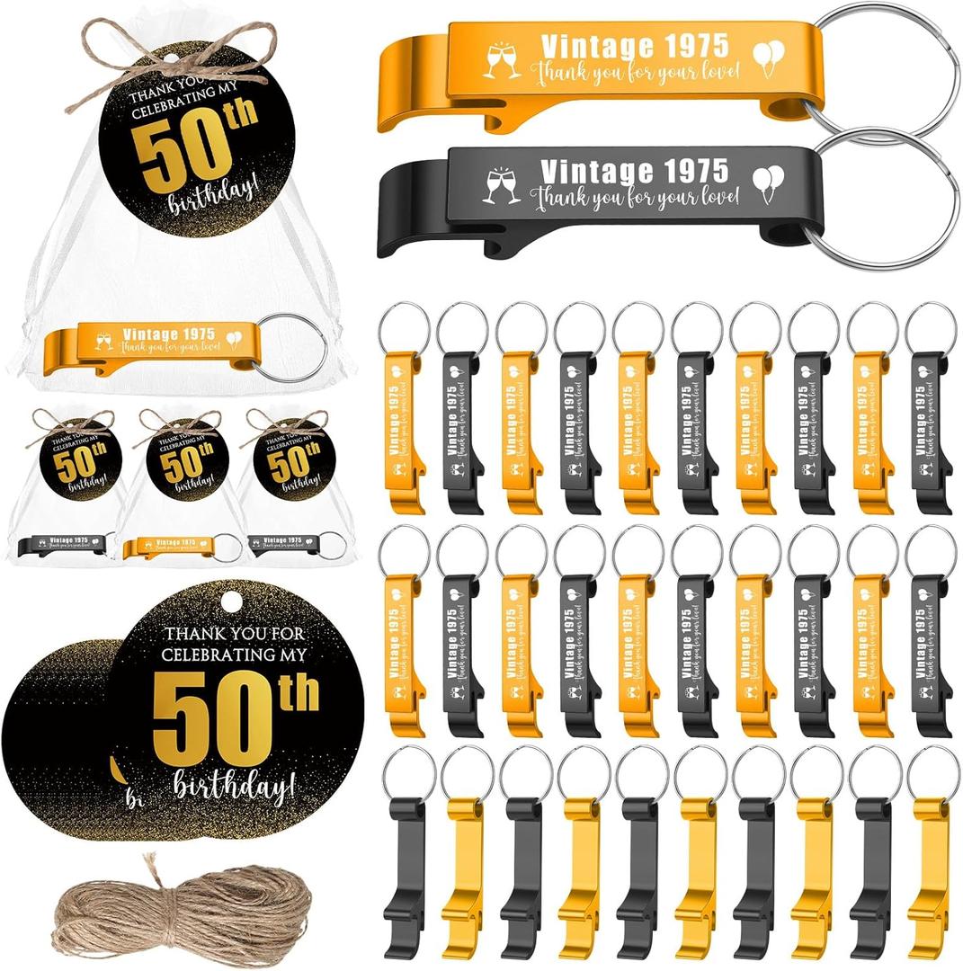 Dandat 54 Sets 50th Birthday Party Favors for Guests Vintage 1975 Beer Opener Keychain with Thank You Cards and Gift Bag for Anniversary Birthday Party Gifts