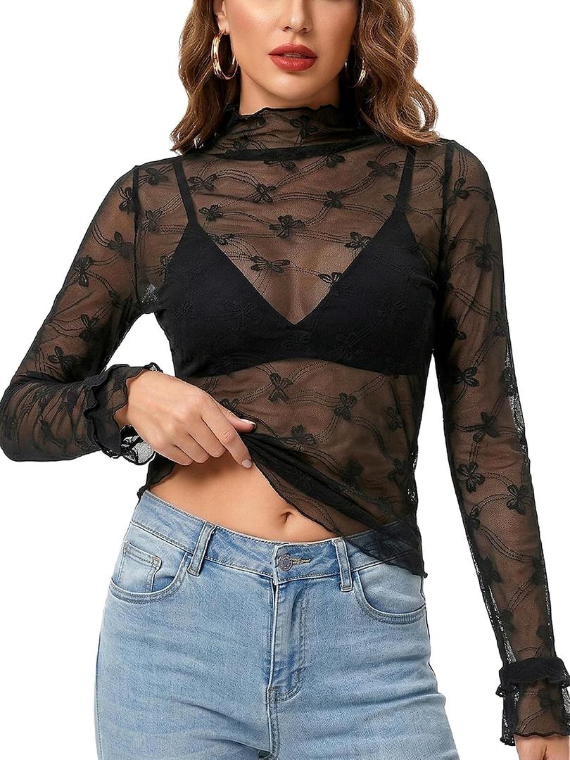 2 x Women's Lace Tops Mesh Sheer Long Sleeve See Through Undershirt (Black, L)