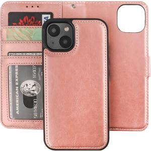 Bocasal Detachable Wallet Case for iPhone 14 RFID Blocking Card Slots Holder Premium PU Leather Magnetic Kickstand Shockproof Wrist Strap Removable Flip Protective Cover 5G 6.1 inch (Rose Gold)