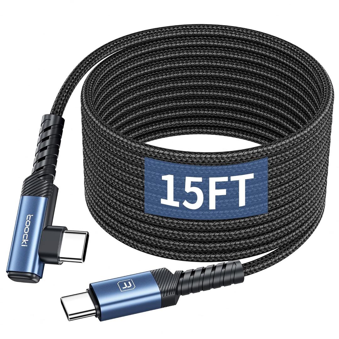 15FT Right Angle USB C Cable, 60W Extra Long Charging Cord Nylon Braided USB C Charger Cable for iPhone 17 16 15 Pro Plus Pro Max Air, iPad/MacBook, Galaxy S20, Pixel, Switch, Camera (Blue)