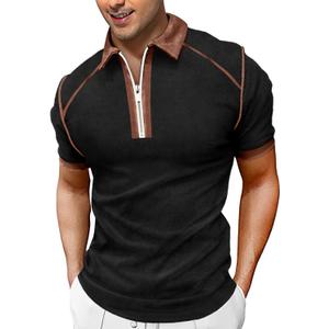 Aulemen Men's Zipper Polo Shirt Casual Short Sleeve Classic Golf Shirts V Neck Quarter Zip Black 3X-Large