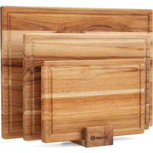 Teak Cutting Board Set with Stand | 3 Pcs Durable Wooden Cutting Boards for Kitchen | Splinter-Free & No Cracking Design | Non-Slip Wood Cutting Boards with Deep Juice Groove