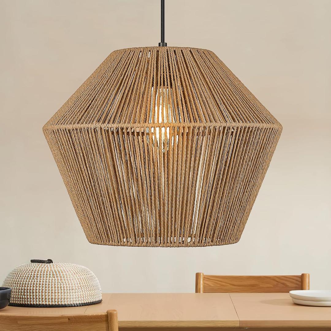ELYONA Woven Pendant Light, 17 Modern Boho Chandelier Handwoven Rattan Basket Shade, Rustic Pendant Light Fixtures Farmhouse Ceiling Hanging Lamp for Dining Room, Kitchen Bedroom, Entryway, Foyer