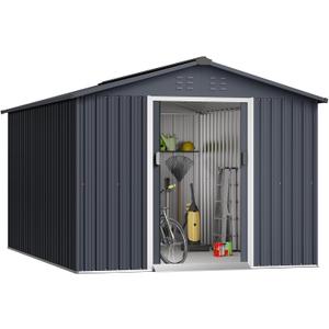 Acekool Outdoor Storage Shed 8x15 Ft & Large Storage Space, Utility Metal Storage Shed with Lockable Sliding Door and Vent, Garden Tool Shed for Organising Tools and Equipment in Yard, Garden, Grey