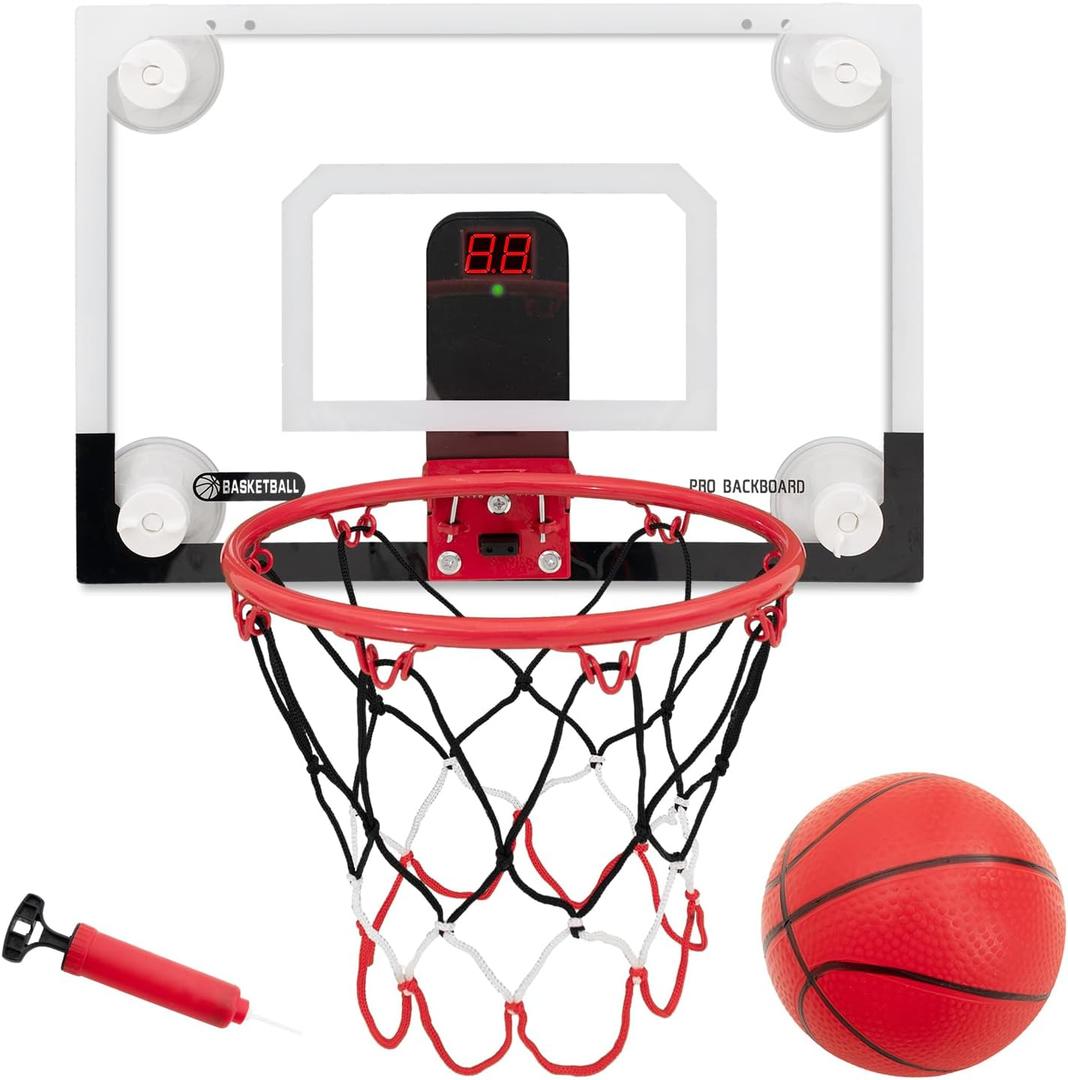 Indoor Mini Basketball Hoops Backboard with Powerful Suction Cups,Wall Mounted Door Basketball Hoops,Toys with Balls Gifts for Kids Boys Teens (43x30CM Black-White with Scorer)