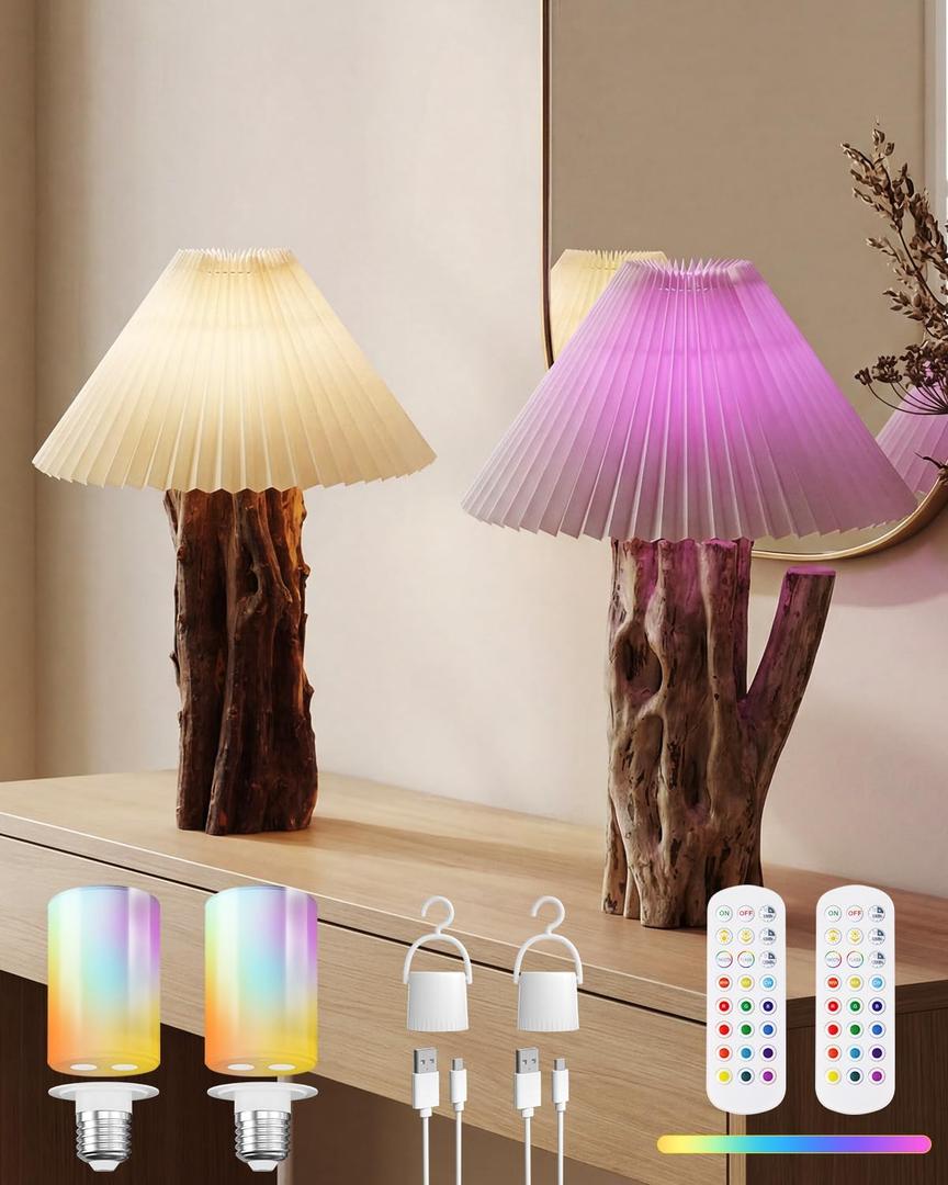 Lustaled Rechargeable Table Lamps Set of 2, 12RGB+3CCT Dimmable Cordless Desk Lamp with Remote/Nightlight/Timer, Battery Operated Rustic Wood Bedside Lamp for Bedroom, Living Room,Entryway,Cozy Corner