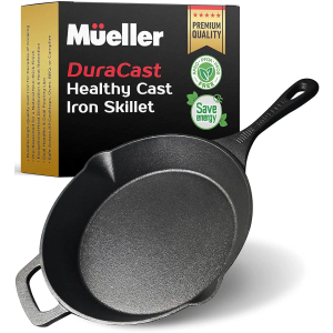 Mueller Heavy-Duty Cast Iron Skillet 10-inch, Pre-Seasoned Cast Iron Pan, Safe Across All Cooktops, Oven, BBQ, or Campfire, Handles & Dual Pouring