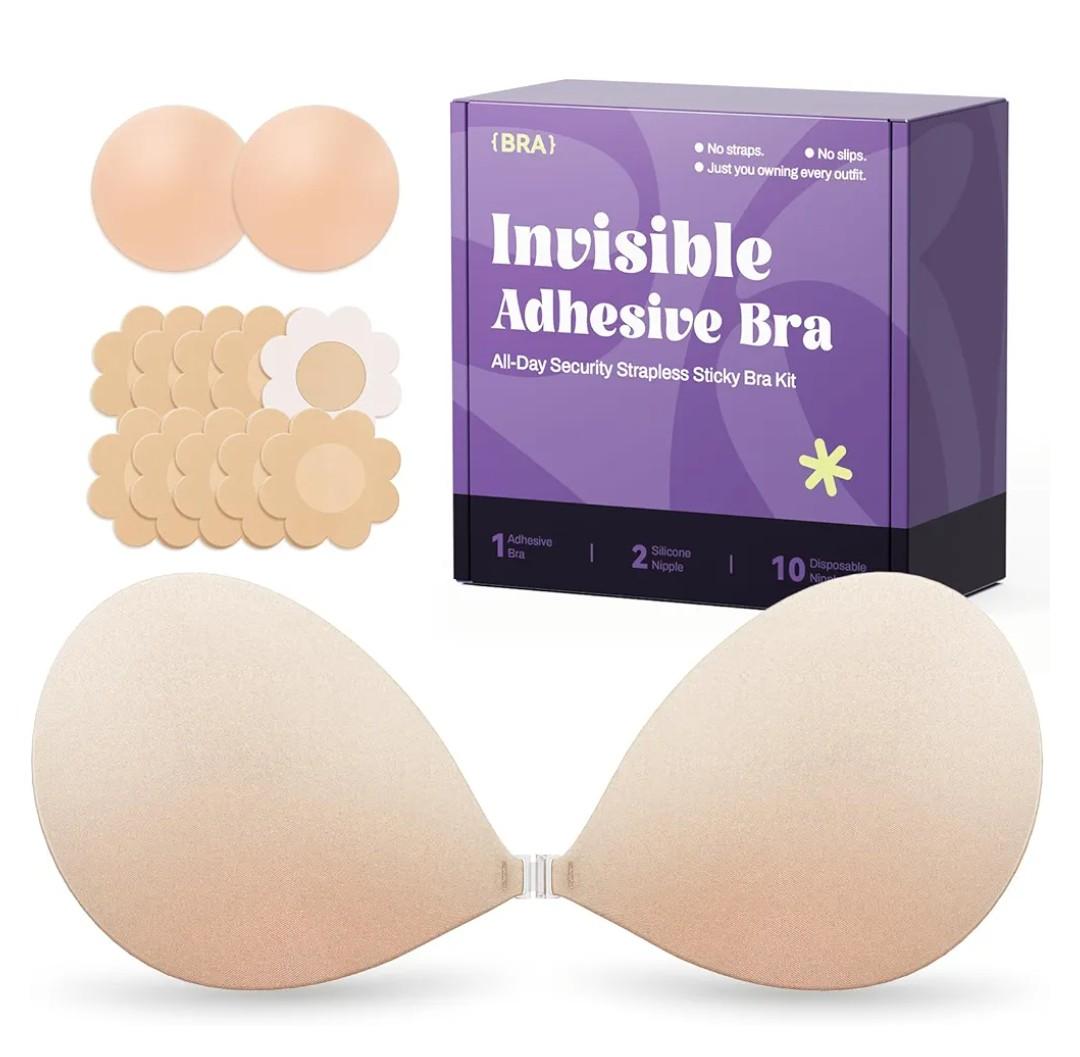 Invisible Strapless Sticky Bra Push up for Women, Ultra Adhesive Bra for Backless Dress, Cleavage Bra Lift Novelty Bras (B Cup, Light Beige)