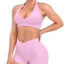 TDIFFUN Women Workout Sets 2 Piece V Neck Halter Sports Bra High Waisted Crossover Booty Gym Shorts Yoga Outfits Small