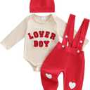 Newborn Baby Boy Valentine's Day Outfit Lover Boy Romper Bodysuit Jumpsuit Suspender Pants Set Hat Infant Clothes (6-12 Months, Light Beige)