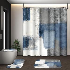 Blue Grey White Abstract Shower Curtain Set with Toilet Lid Cover and Non-Slip Rugs for Bathroom, Modern Painting Art 4 Pcs Shower Curtain, Vintage Bathroom Set with 12 Hooks