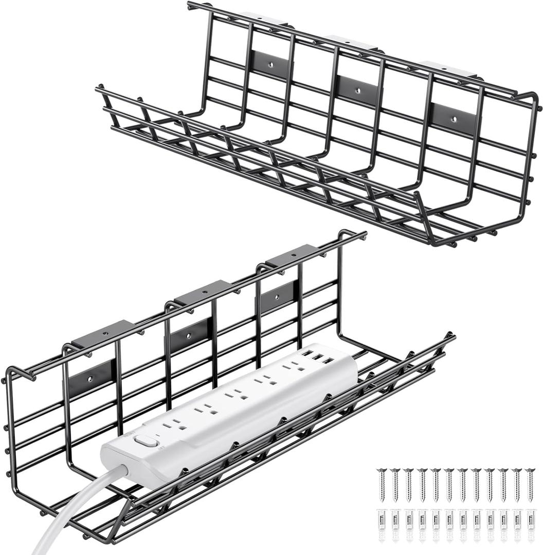 2 Pack DELAMU Under Desk Cable Management Tray, Large Metal Cord Organizer, Office & Home Cord Wire Management Under Desk Shelf, Easy Install Pre-drilled Cable Organizer, Black