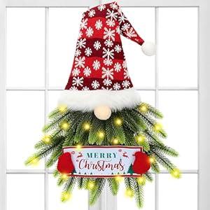 Christmas Wreath for Front Door, Lighted Gnome Christmas Door Wreath, Artificial Santa Xmas Hanging Sign for Door Window Wall Decorations Farmhouse Christmas Home Decor (Red)